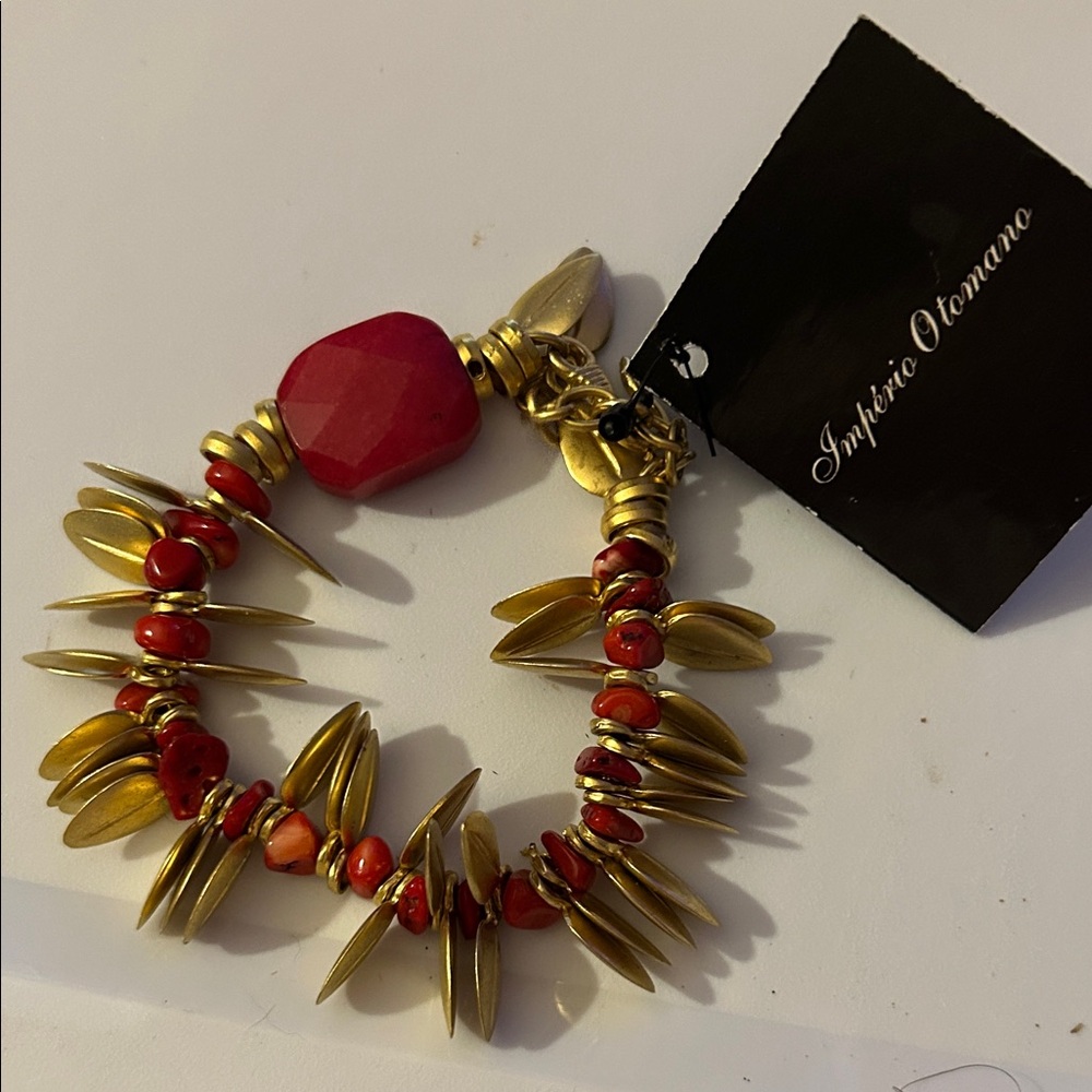 Elegant Gold Tone & Red Beaded Bracelet with Leaf Accents Made by Ottoman Empire
